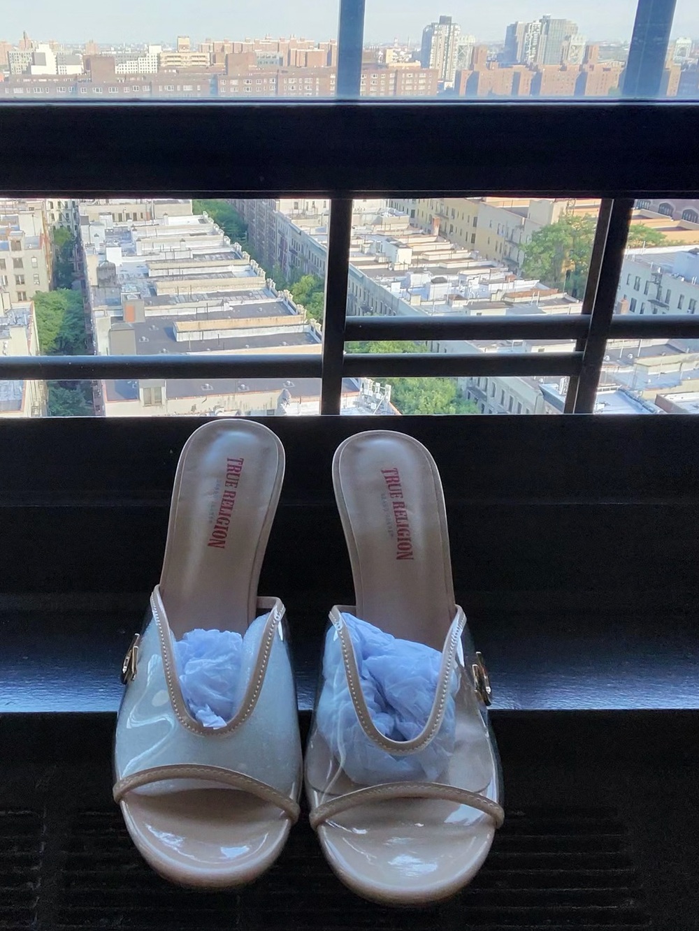 True Religion Cream Patent Slide Mules with Gold Buckle